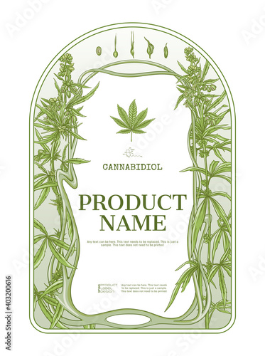 Cannabis Template for product label, cosmetic packaging. Easy to edit. In art nouveau style, vintage, old, retro style. Isolated on white background..