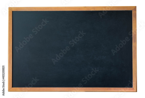 Close-up of Chalk rubbed out on blackboard with wooden frame on white background. Dark grey black dirty chalkboard texture background with copy space for learning education classroom in the school.