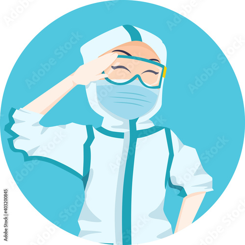close up Nurse Character Illustration wearing ppe hazmat suit ready for duty with hand salute avatar icon
