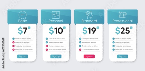 Puzzle, Text message and Mindfulness stress line icons set. Price table chart, business plan template. Journey path sign. Engineering strategy, Chat bubble, Cloud storm. Project process. Vector
