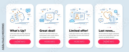 Set of People icons, such as Id card, Smile chat, Artificial intelligence symbols. Mobile screen mockup banners. Hold heart line icons. Human document, Happy face, Mind intellect. Friendship. Vector