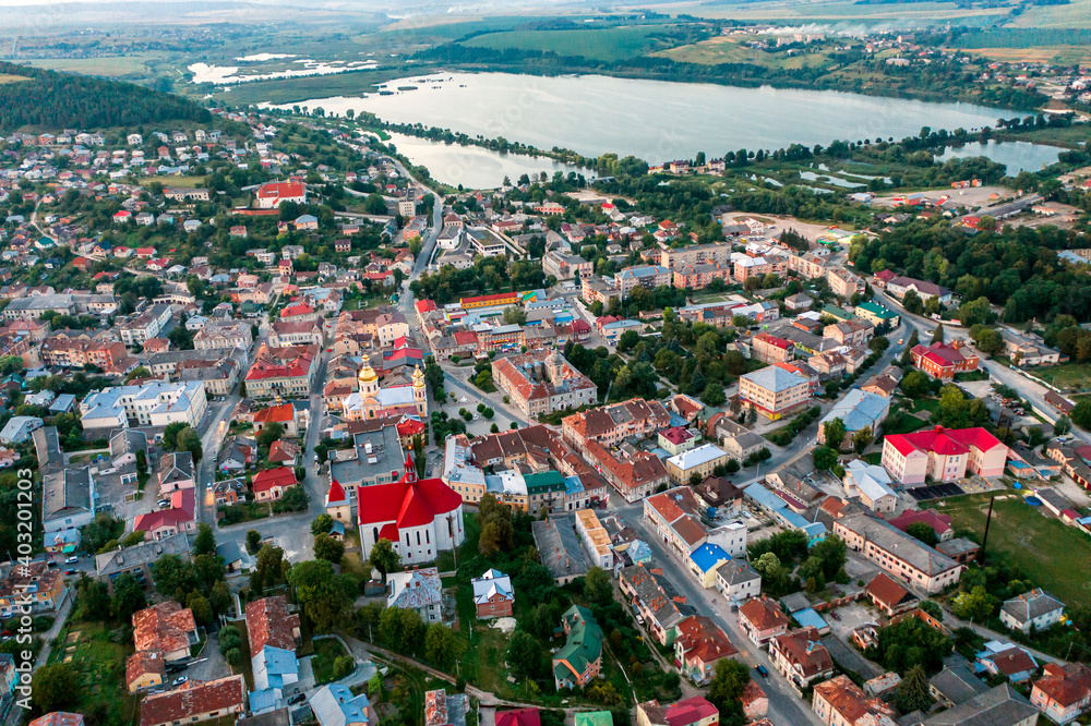 Aerial evening city of Berezhany