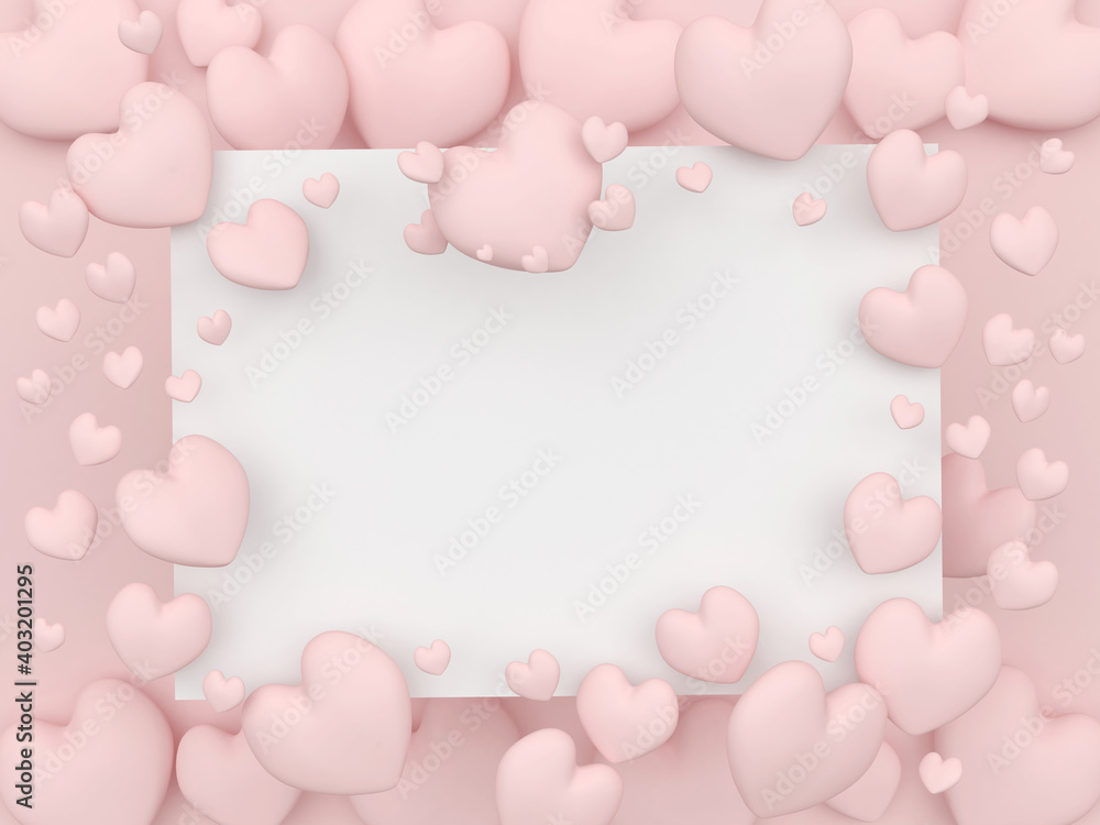 Hearts in pink pastel colors as a frame with white space for text. 3d illustration