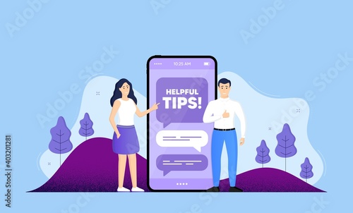 Helpful tips symbol. Phone online chatting banner. Education faq sign. Help assistance. Helpful tips chat bubble. Mobile phone with characters of people. Cellphone chat messages. Vector