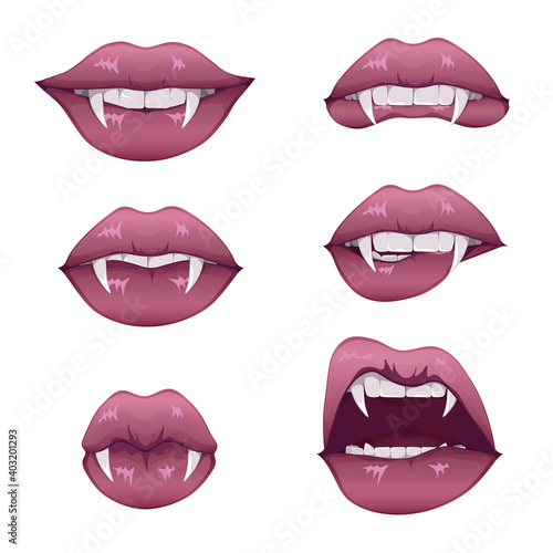 Vampire mouth with fangs set. Female closed and open red lips with long pointed canine teeth and bloody deip saliva. Vector illustration EPS10