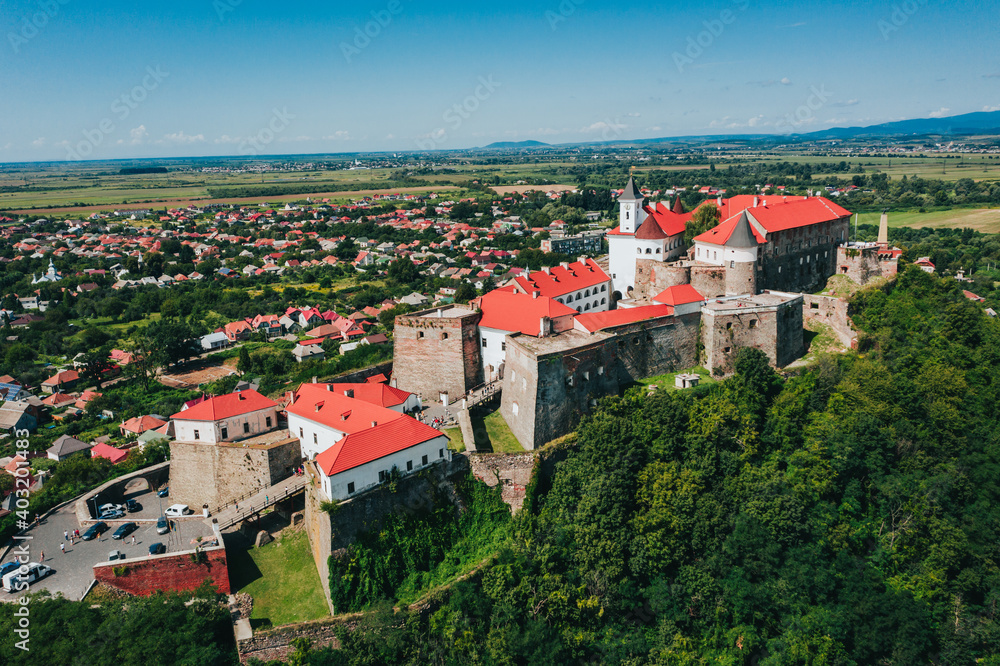 Aerial view of the Mukachevo castle Palanok