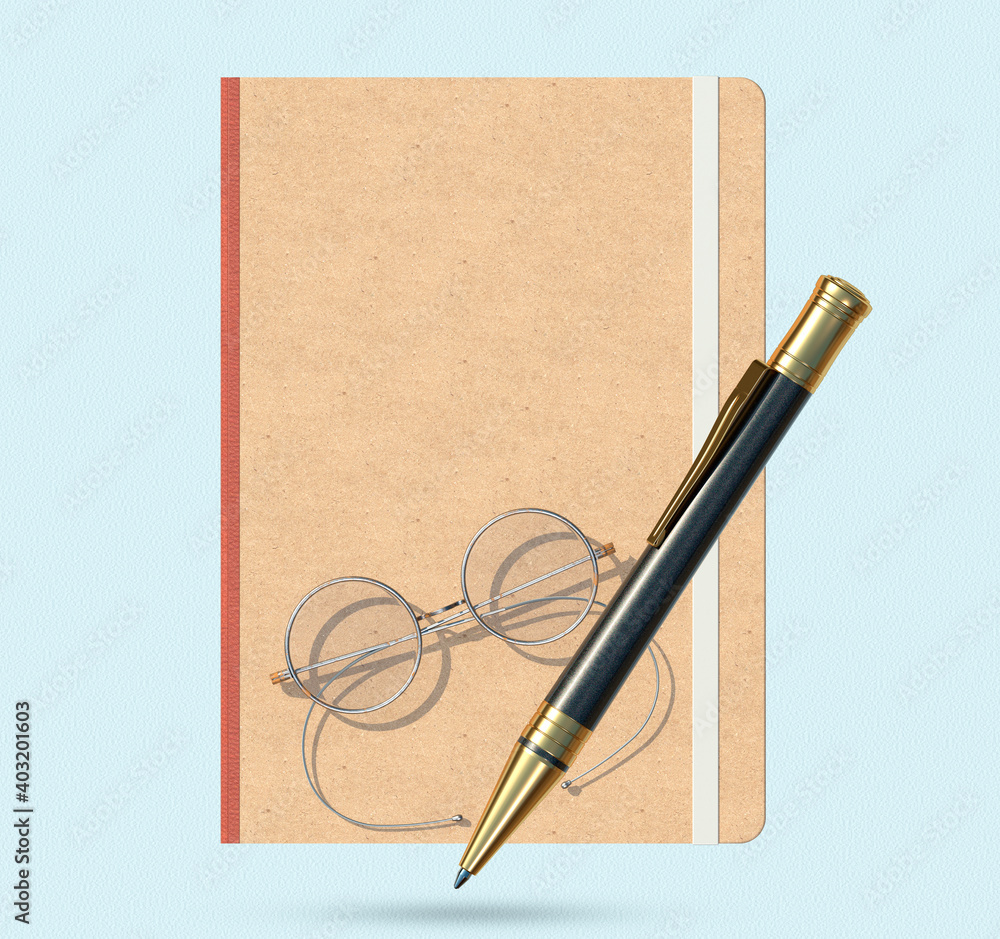 Notepad, antique glasses and ballpoint pen isolated on light background Notepad, antique glasses and ballpoint pen isolated on light background