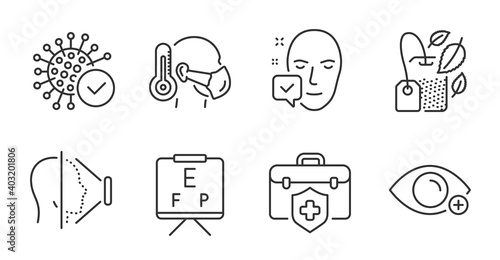 Farsightedness, Sick man and Coronavirus line icons set. Medical insurance, Face accepted and Vision board signs. Face id, Mint bag symbols. Quality line icons. Farsightedness badge. Vector