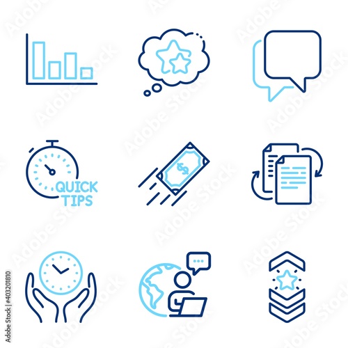 Education icons set. Included icon as Bureaucracy, Talk bubble, Ranking stars signs. Histogram, Quick tips, Fast payment symbols. Shoulder strap, Safe time line icons. Line icons set. Vector