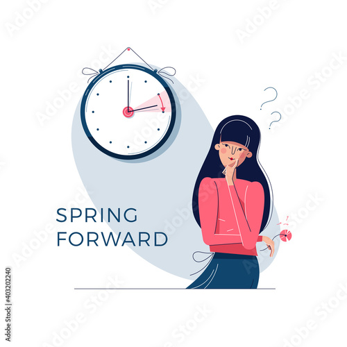 Daylight Saving Time. Confused woman is looking at the clock. Summer time concept. Text spring forward. The hand of clock is turning to summer time. Character vector illustration, modern flat design