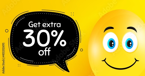 Get Extra 30 percent off Sale. Easter egg with smile face. Discount offer price sign. Special offer symbol. Save 30 percentages. Easter smile character. Extra discount black speech bubble. Vector