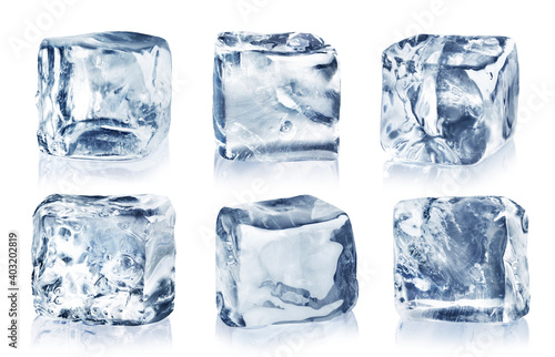 Set of six ice cubes with reflection isolated on white background with clipping path.
