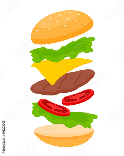 Big hamburger . Assemble burger ingredients . Making menu. Vector illustration.