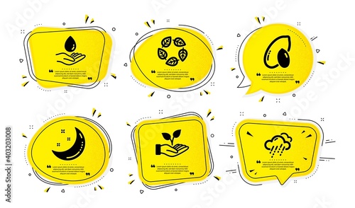 Peanut, Moon stars and Organic tested icons simple set. Yellow speech bubbles with dotwork effect. Water care, Helping hand and Rainy weather signs. Vegetarian nut, Night, Bio ingredients. Vector