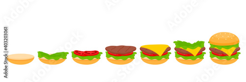 stages of cooking burger process . Making fast food vector illustration.