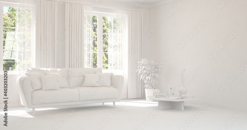 White living room with sofa and summer landscape in window. Scandinavian interior design. 3D illustration White living room with sofa and summer landscape in window. Scandinavian interior design. 3D illustration