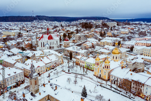 Aerial Winter Berezhany city Ukraine 
