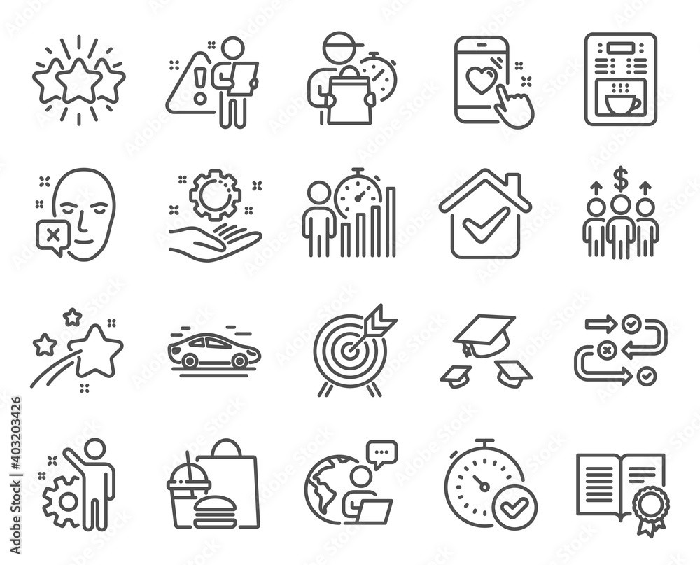 Business icons set. Included icon as Coffee maker, Heart rating, Car signs. Throw hats, Employee hand, Fast verification symbols. Face declined, Meeting, Archery. Diploma, Employee, Star. Vector