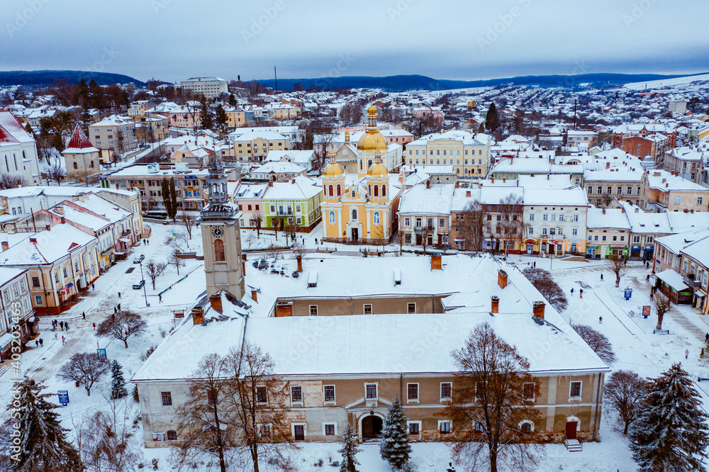 Obraz premium Aerial Winter Berezhany city Ukraine 