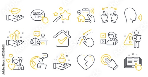 Set of People icons  such as Swipe up  Technical documentation  Quick tips symbols. Chemistry lab  Analysis graph  Leaf signs. House security  Court judge  Broken heart. Human sing  Couple. Vector