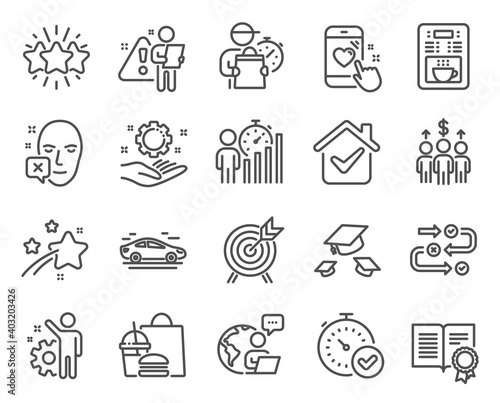 Business icons set. Included icon as Coffee maker, Heart rating, Car signs. Throw hats, Employee hand, Fast verification symbols. Face declined, Meeting, Archery. Diploma, Employee, Star. Vector