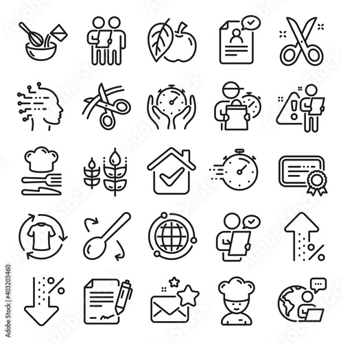 Chef hat, Customer survey, Fast delivery line icons. Approved application, Scissors cutting ribbon, Artificial intelligence icons. Percent decrease, interest rate, contract. Line icon set. Vector