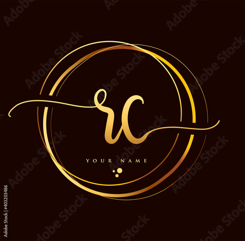 RC Initial handwriting logo golden color. Hand lettering Initials logo branding, Feminine and luxury logo design isolated on black background.