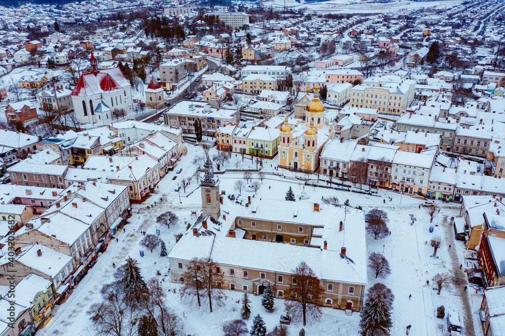 Obraz premium Aerial Winter Berezhany city Ukraine 