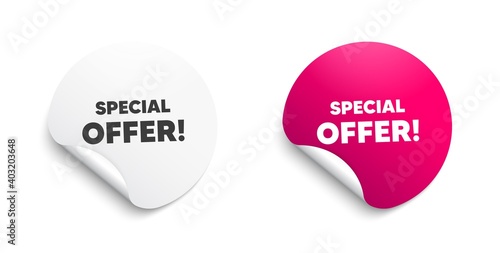 Special offer symbol. Round sticker with offer message. Sale sign. Advertising Discounts symbol. Circle sticker mockup banner. Special offer badge shape. Adhesive offer paper banner. Vector photo
