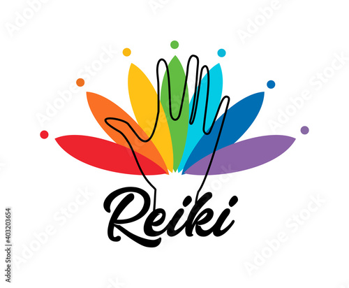 Healing Reiki energi. Logotype. Spiritual practice. The colors of the chakras in the healing hand. Vector.