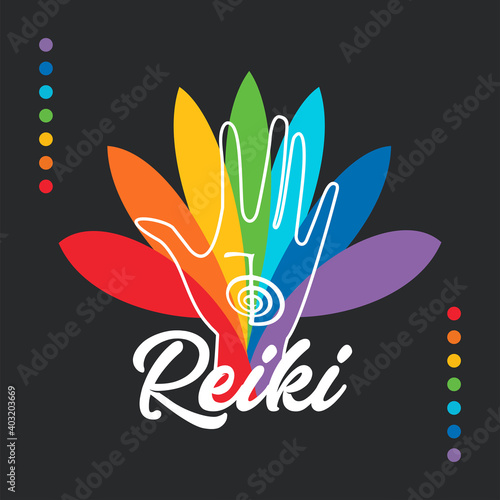 Healing Reiki energi. Logotype. Reiki symbol. Spiritual practice. The colors of the chakras in the healing hand. Vector.
