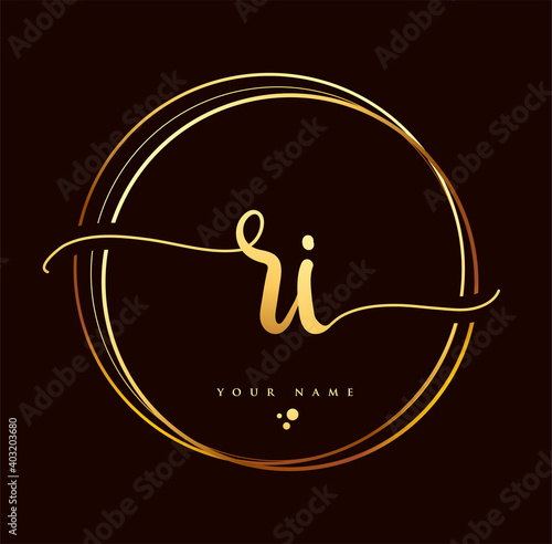 RI Initial handwriting logo golden color. Hand lettering Initials logo branding, Feminine and luxury logo design isolated on black background.