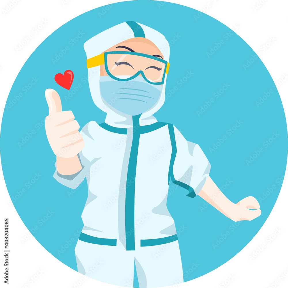 close up Nurse Character Illustration wearing ppe hazmat suit giving patient thumbs up for doing good job preventing coronavirus with health protocol avatar icon close up Nurse Character Illustration wearing ppe hazmat suit giving patient thumbs up for doing good job preventing coronavirus with health protocol avatar icon