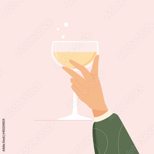 Woman hand holding retro glass with sparkling wine, prosecco or champagne. Vector illustration