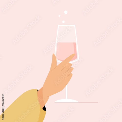 Woman hand holding glass with sparkling wine, prosecco or champagne. Vector illustration