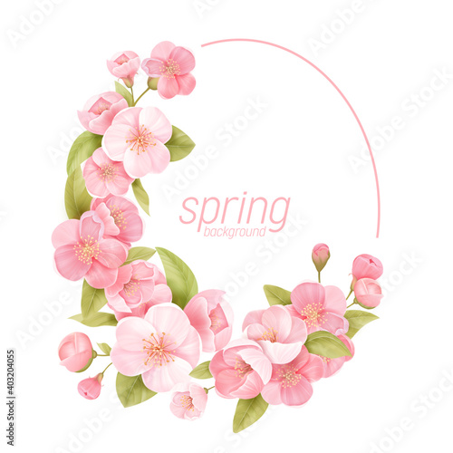 Floral wreath with realistic cherry flowers, exotic sakura blossom. Vector spring banner template illustration