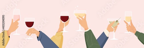 Banner and card design with toasting hands with sparkling, red, white wine, prosecco, champagne, martini. Vector illustration