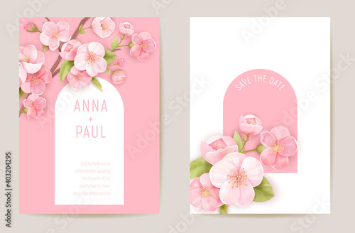 Wedding spring cherry floral invitation, sakura flowers card. Realistic minimal template vector