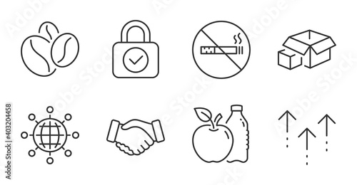 No smoking, International globe and Packing boxes line icons set. Swipe up, Handshake and Apple signs. Coffee beans, Security lock symbols. Stop smoke, World networking, Delivery package. Vector