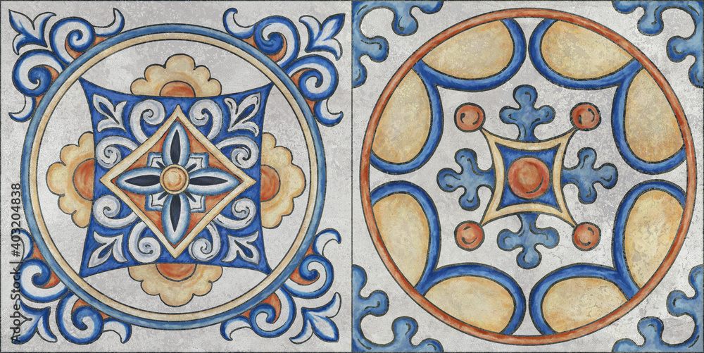 Azulejos tile. Portuguese and oriental tile in shades of blue colors pattern. Arabesque and Rococo ornament. 