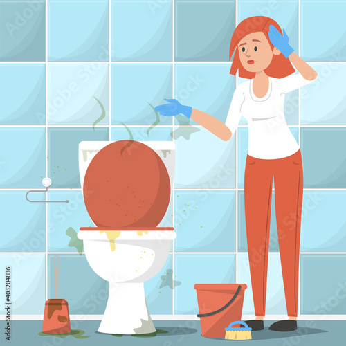 Dirty toilet room vector illustration. Idea of household and hygiene. Ceramic interior, woman standing with bucket and gloves and looking at the dirt.