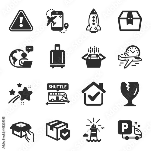 Set of Transportation icons, such as Package box, Shuttle bus, Lighthouse symbols. Baggage reclaim, Parcel insurance, Packing boxes signs. Hold box, Flight time, Flight destination. Rocket. Vector