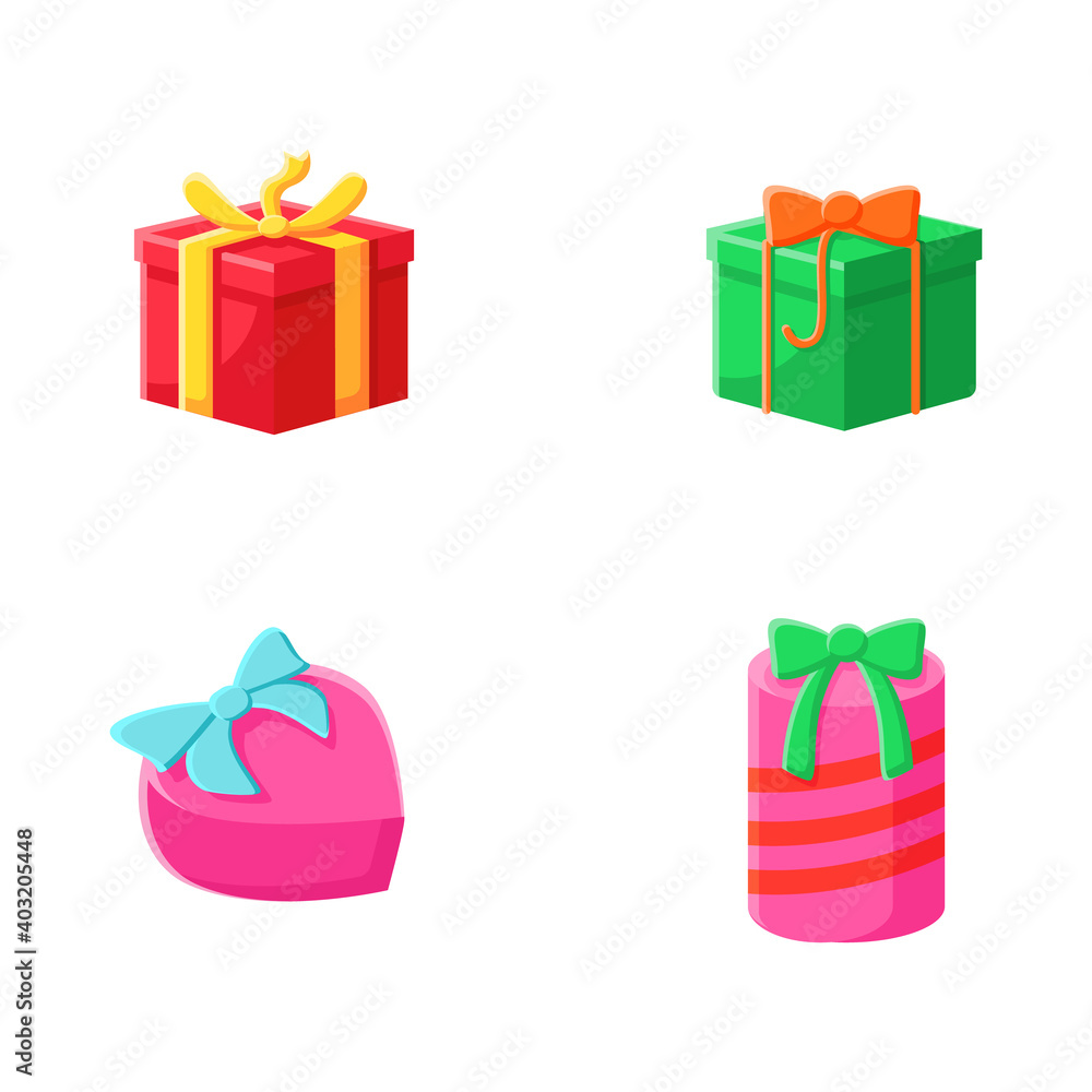 Presents flat icons set. Different shapes gift boxes collection. Holiday congratulation, surprise concept. Christmas, new year, birthday celebration. Color vector illustrations