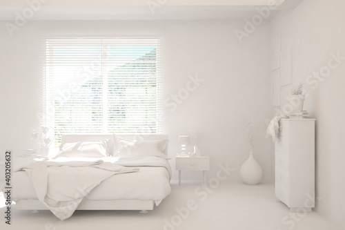 Modern bedroom in white color. Scandinavian interior design. 3D illustration