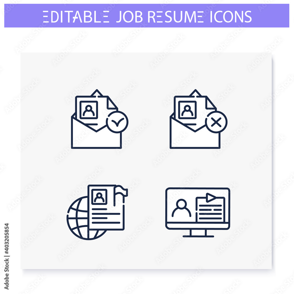 Job resume line icons set. CV document. Email, video, international resume and more. Career biography. Job search, employment, career growth concept. Isolated vector illustrations.Editable stroke Job resume line icons set. CV document. Email, video, international resume and more. Career biography. Job search, employment, career growth concept. Isolated vector illustrations.Editable stroke
