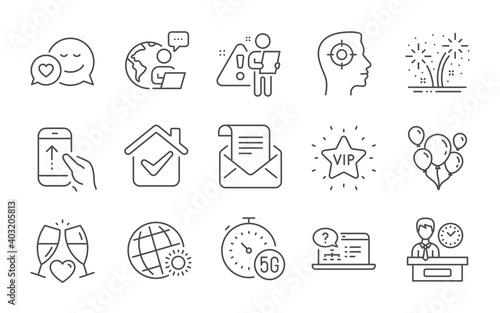 Swipe up, Presentation time and World weather line icons set. Online help, Fireworks and Wedding glasses signs. 5g internet, Vip star and Mail newsletter symbols. Line icons set. Vector