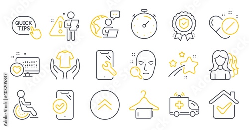 Set of Business icons, such as Ambulance car, Quick tips, Timer symbols. Smartphone repair, Clean towel, Face search signs. Approved phone, Hold t-shirt, Women headhunting. Heart, Swipe up. Vector