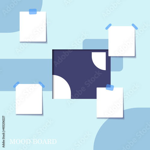 Sticky notes, blue and white pastel square elements, color mood board template. Business, planner, visualization. Decorative vector collage composition for presentation and photo frame