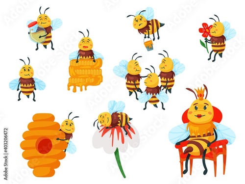 Cartoon funny yellow bee mascot and honeybee family set. Flying with honey busy insect, smelling flower and resting character, bee queen and beehive vector illustration isolated on white background