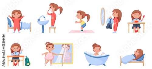 Happy child daily routine health and hygiene activity set. Cute girl wake up, brush teeth, do morning exercise, dress, eat, study, dance, take bath, sleep in bed vector illustration isolated on white